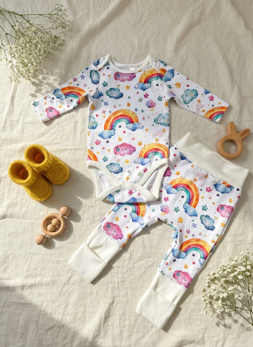 Children's outfit with rainbow and cloud pattern on a light background