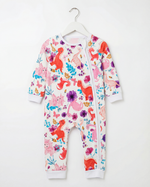Baby Romper with 2-way zipper "Pink Dino" (Jersey fabric)