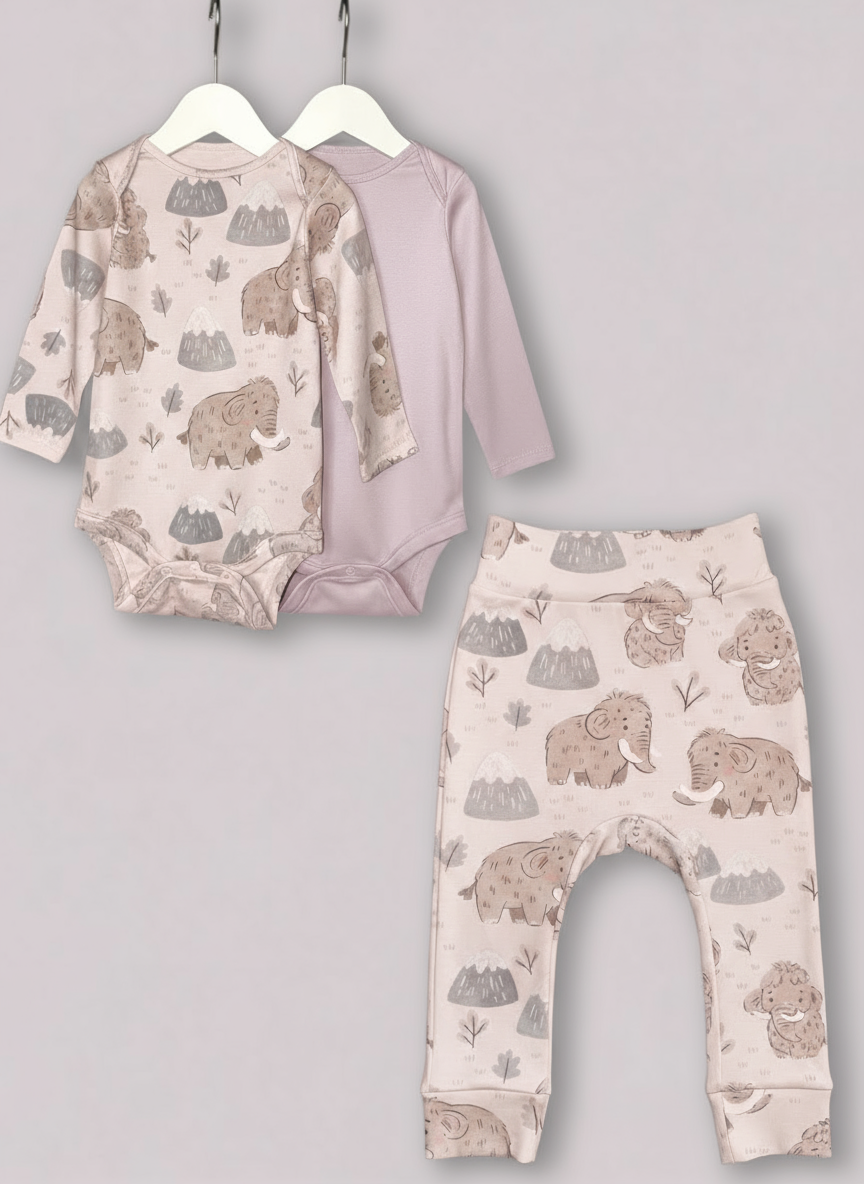 Set bebeluși (2 body + 1 pantaloni) „Mammoth” (țesătură Gentle Touch)