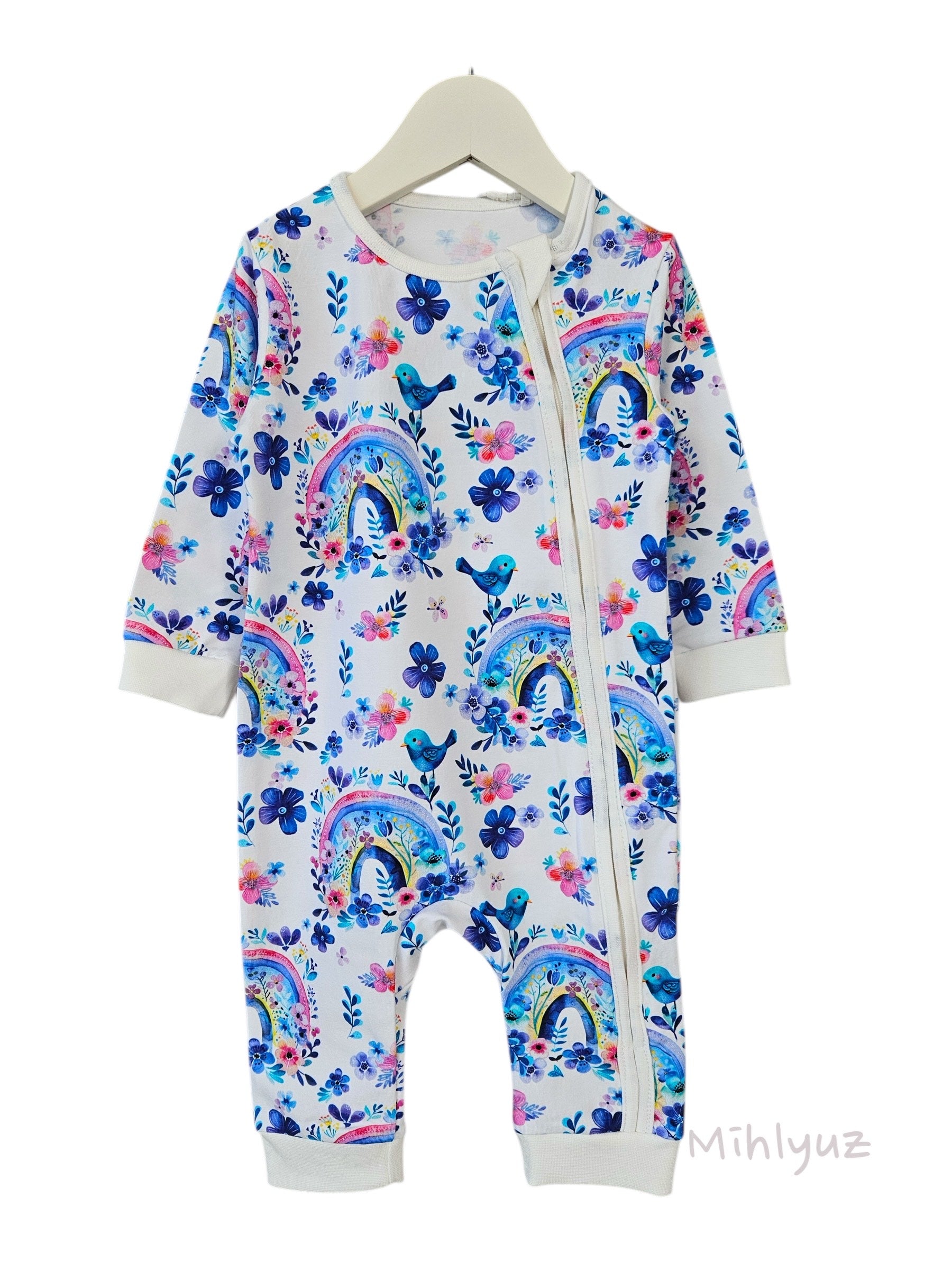 Ultra-Soft Baby Romper with Zipper "Blue Flower" (Gentle Touch fabric)